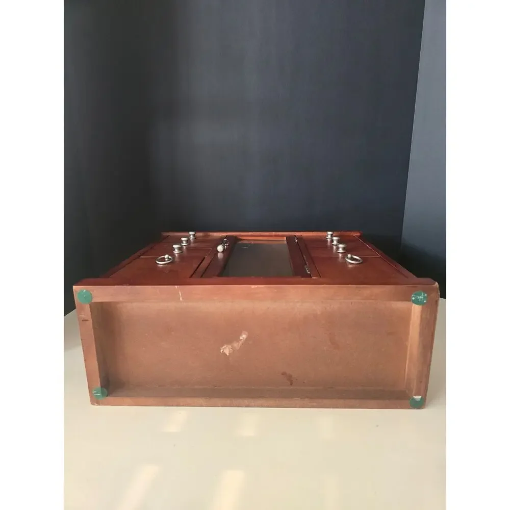 Brown Wooden Jewelry Box w/Mirror Necklace Hooks Drawers